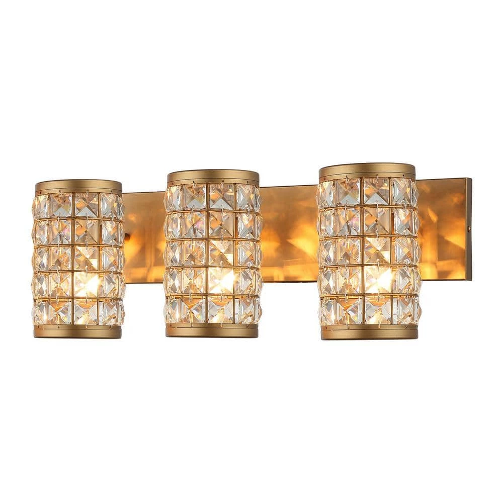 Modern Powder Bath Room Vanity Light, 21.6 in. 3-Light Gold Wall Sconce Light with Cylinder Crystal Shade by Parrot Uncle