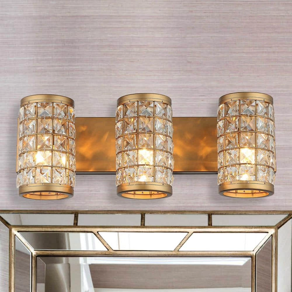 Modern Powder Bath Room Vanity Light, 21.6 in. 3-Light Gold Wall Sconce Light with Cylinder Crystal Shade by Parrot Uncle - Image 2