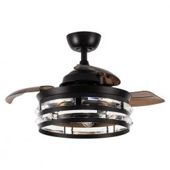 36 in. Matte Black Retractable 3-Blade Crystal Chandelier Ceiling Fan with Remote and Light Kit by Parrot Uncle