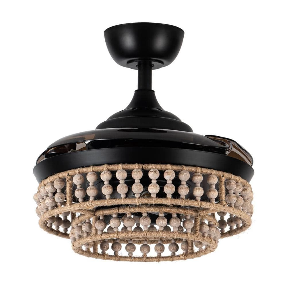 36 in. Matte Black Retractable 3-Blade Wood Beads Chandelier Ceiling Fan with Remote and Light Kit by Parrot Uncle - Image 5