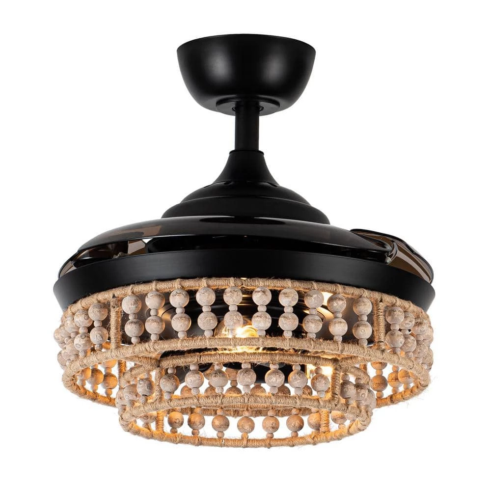 36 in. Matte Black Retractable 3-Blade Wood Beads Chandelier Ceiling Fan with Remote and Light Kit by Parrot Uncle - Image 4