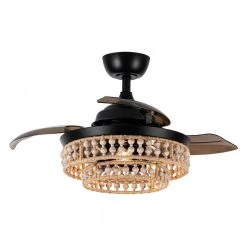 36 in. Matte Black Retractable 3-Blade Wood Beads Chandelier Ceiling Fan with Remote and Light Kit by Parrot Uncle