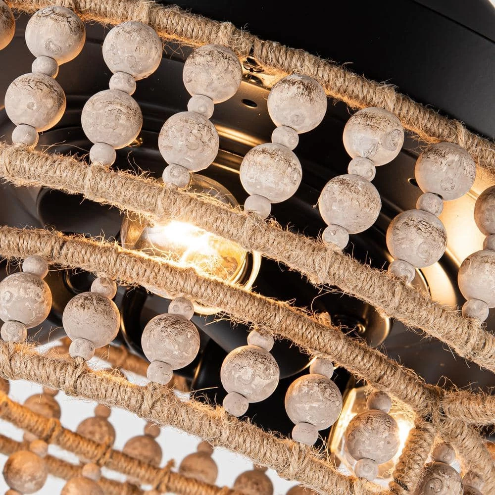 36 in. Matte Black Retractable 3-Blade Wood Beads Chandelier Ceiling Fan with Remote and Light Kit by Parrot Uncle - Image 8