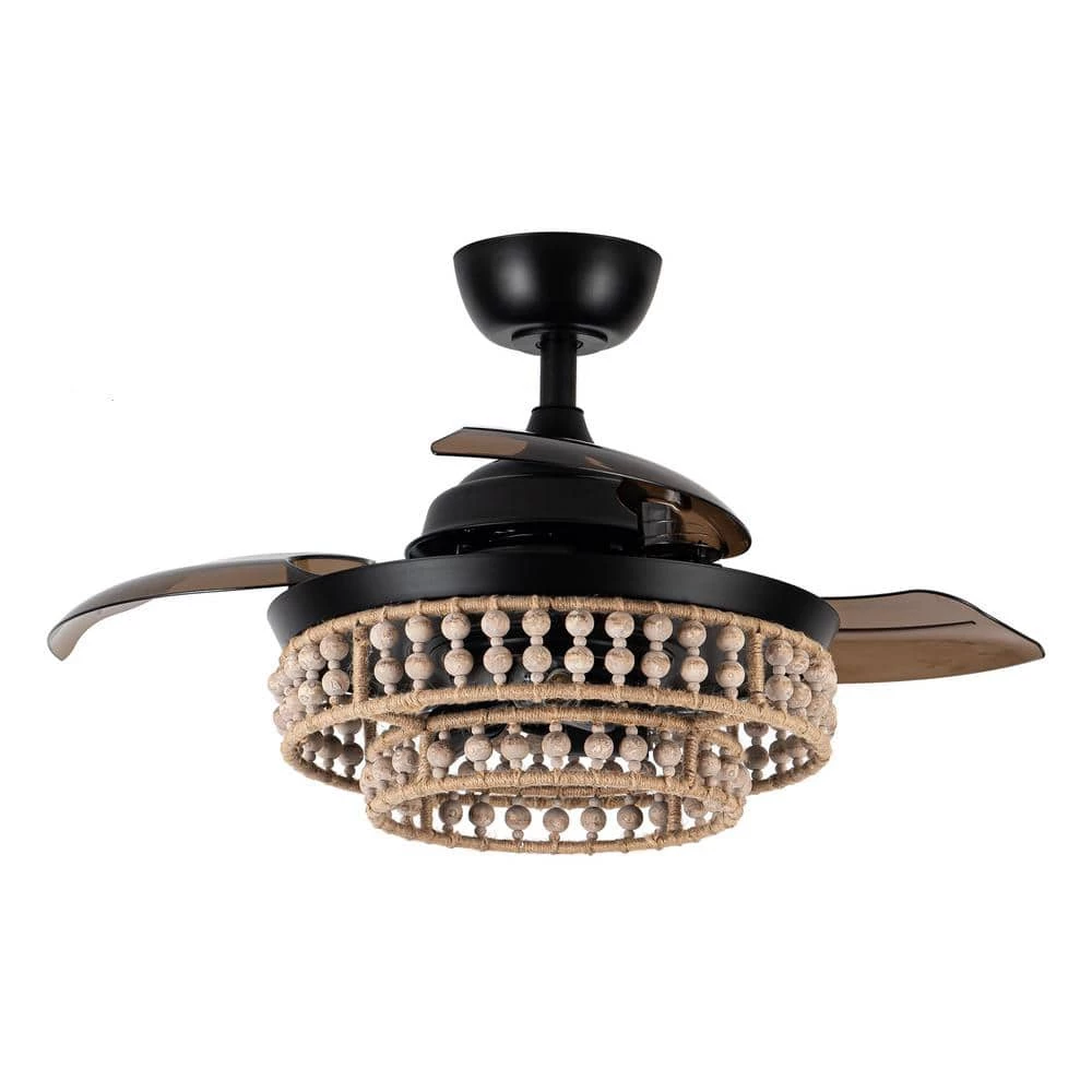 36 in. Matte Black Retractable 3-Blade Wood Beads Chandelier Ceiling Fan with Remote and Light Kit by Parrot Uncle - Image 3