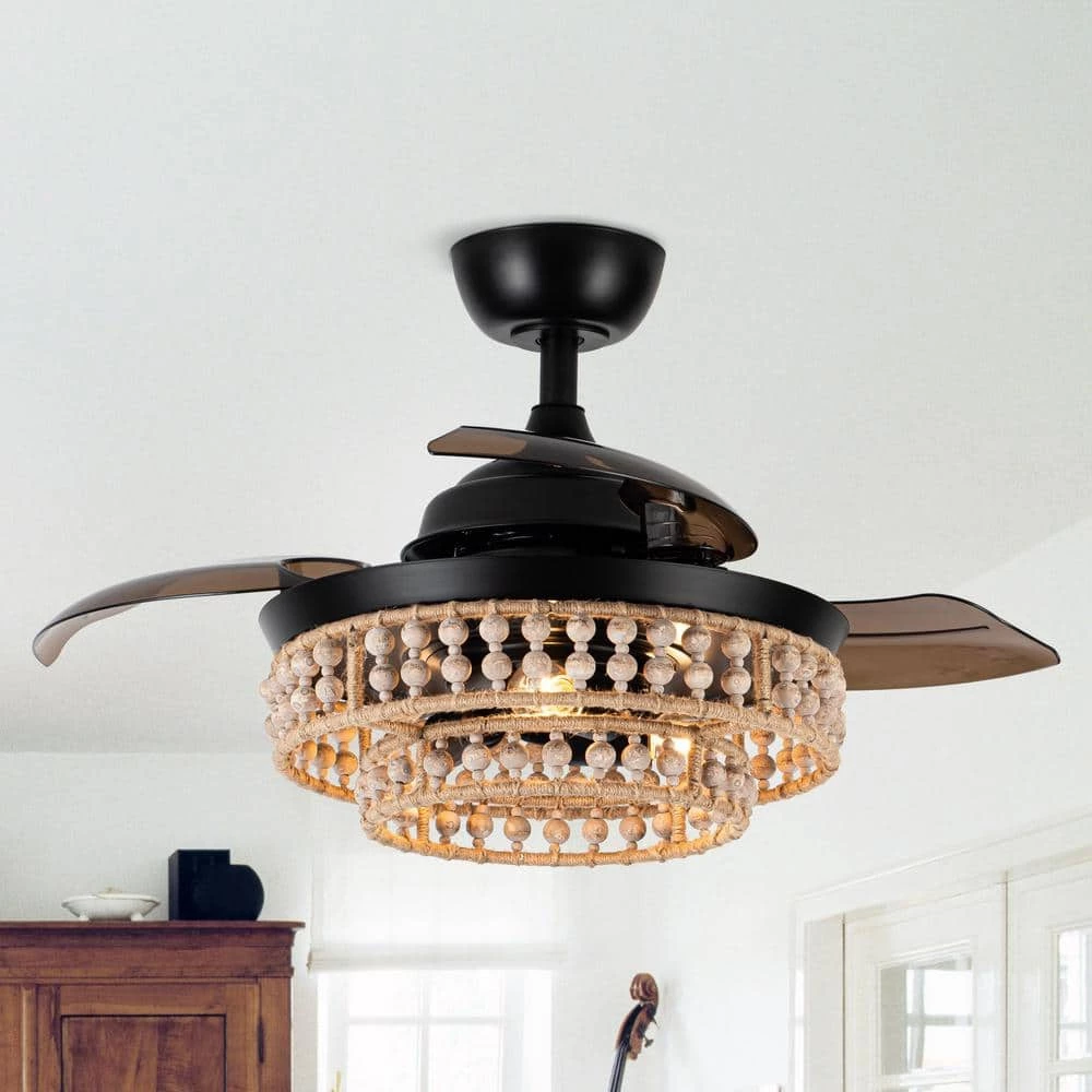 36 in. Matte Black Retractable 3-Blade Wood Beads Chandelier Ceiling Fan with Remote and Light Kit by Parrot Uncle - Image 2