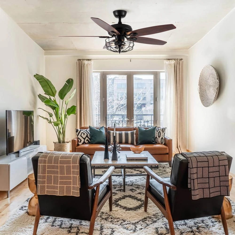 Industrial 52 in. Indoor Black Downrod Mount Ceiling Fan with Light Kit and Remote Control by Parrot Uncle - Image 9