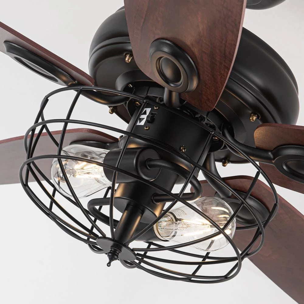 Industrial 52 in. Indoor Black Downrod Mount Ceiling Fan with Light Kit and Remote Control by Parrot Uncle - Image 8