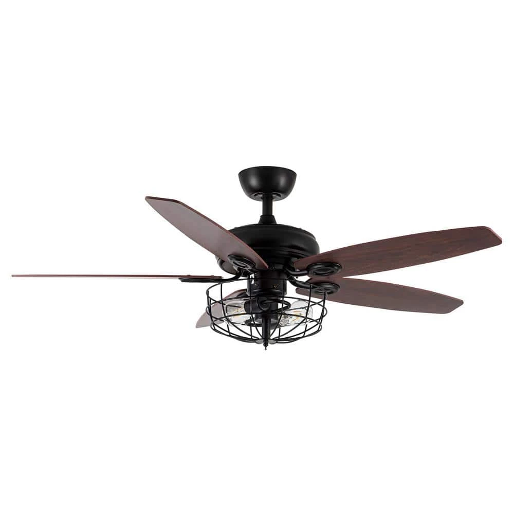 Industrial 52 in. Indoor Black Downrod Mount Ceiling Fan with Light Kit and Remote Control by Parrot Uncle - Image 3