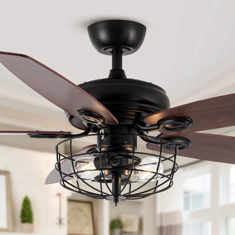 Industrial 52 in. Indoor Black Downrod Mount Ceiling Fan with Light Kit and Remote Control by Parrot Uncle - Image 2