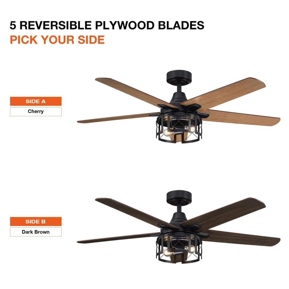 52 in. Indoor Matte Black Reversible Blades Industrial Ceiling Fan with Remote Control and Light Kit by Parrot Uncle - Image 5