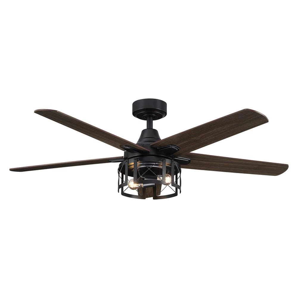 52 in. Indoor Matte Black Reversible Blades Industrial Ceiling Fan with Remote Control and Light Kit by Parrot Uncle