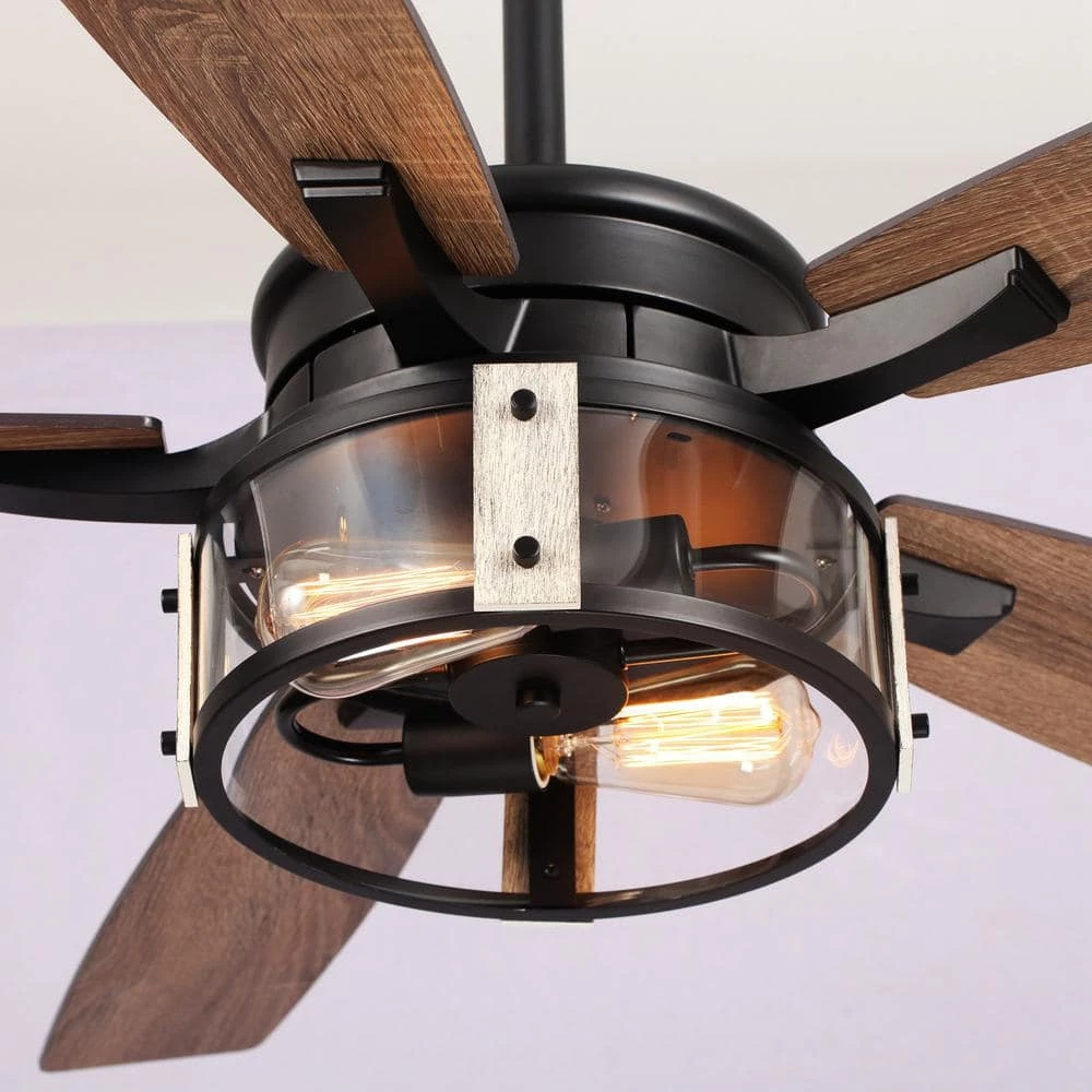 52 in. Indoor Matte Black Industrial Ceiling Fan with Remote and Light Kit, Metal Glass Shade by Parrot Uncle - Image 5