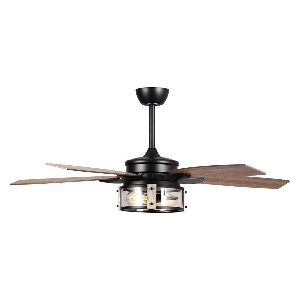 52 in. Indoor Matte Black Industrial Ceiling Fan with Remote and Light Kit, Metal Glass Shade by Parrot Uncle - Image 4