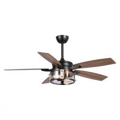 52 in. Indoor Matte Black Industrial Ceiling Fan with Remote and Light Kit, Metal Glass Shade by Parrot Uncle
