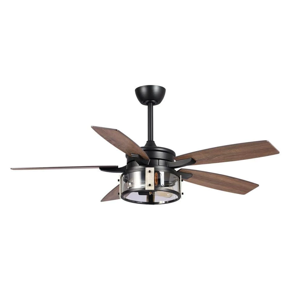 52 in. Indoor Matte Black Industrial Ceiling Fan with Remote and Light Kit, Metal Glass Shade by Parrot Uncle - Image 3