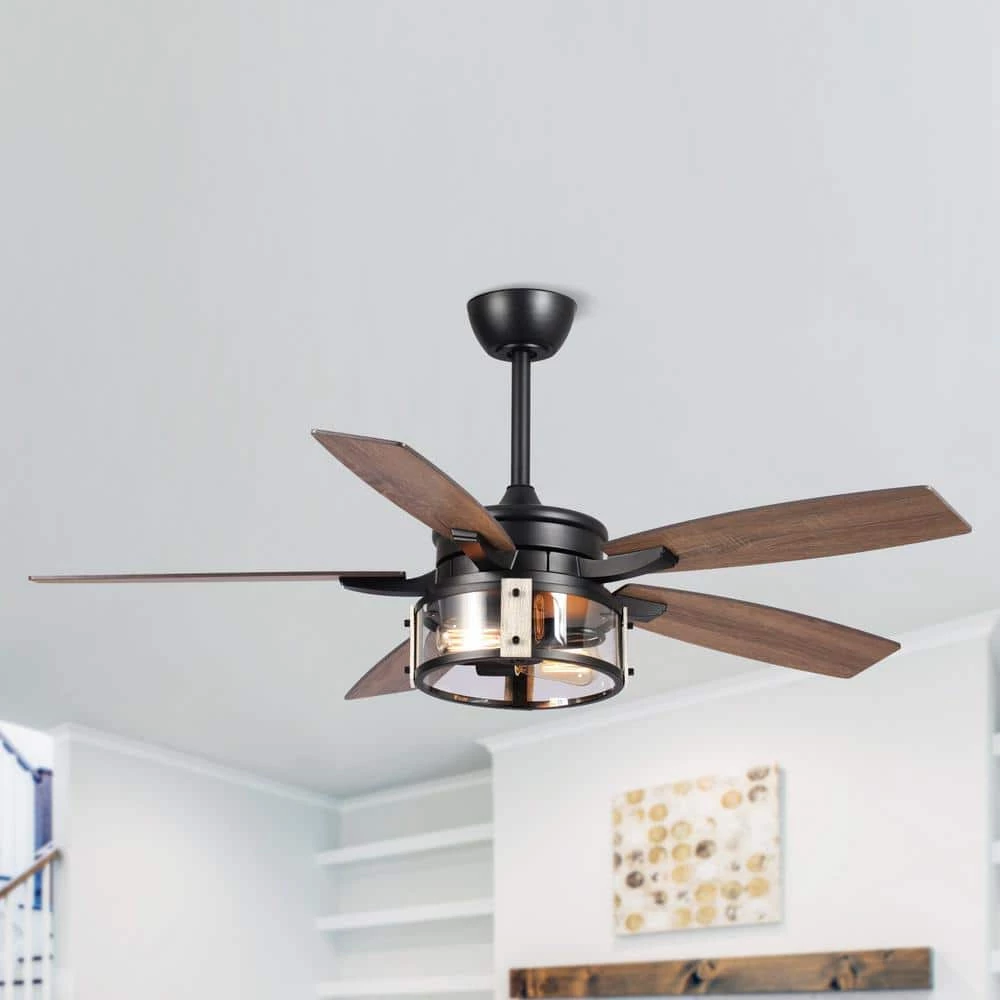 52 in. Indoor Matte Black Industrial Ceiling Fan with Remote and Light Kit, Metal Glass Shade by Parrot Uncle - Image 2