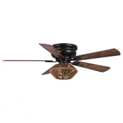 48 in. Indoor Matte Black Flush Mount Farmhouse Rattan Ceiling Fan with Remote Control and Light Kit Included by Parrot Uncle