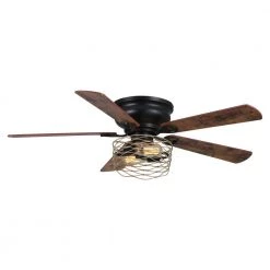 48 in. Indoor Matte Black Flush Mount Distressed Iron Cage Shade Ceiling Fan with Light Kit and Remote Control Included by Parrot Uncle
