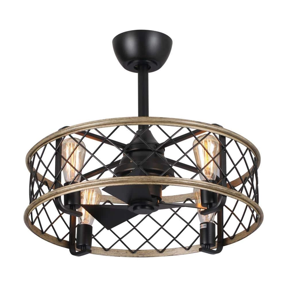 22.5 in. Indoor Matte Black Industrial Caged Ceiling Fan with Remote and Light Kit Included by Parrot Uncle