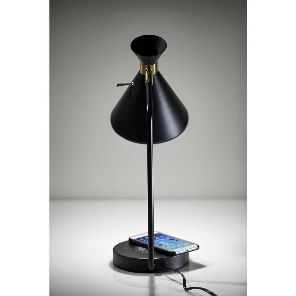 Maxine 19 in. Matte Black w. Antique Brass Accents Desk Lamp with Qi Wireless Charging by Adesso - Image 3