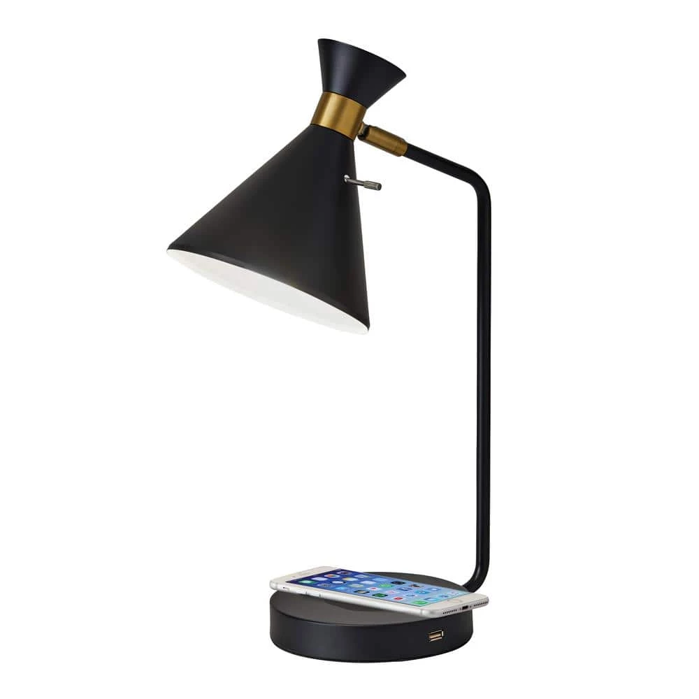 Maxine 19 in. Matte Black w. Antique Brass Accents Desk Lamp with Qi Wireless Charging by Adesso