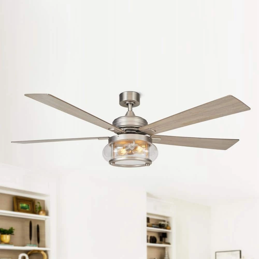 60 in. Indoor/Outdoor Nickel 5-Blade Glass Shade Ceiling Fan with Remote and Light Kit Included by Parrot Uncle - Image 2