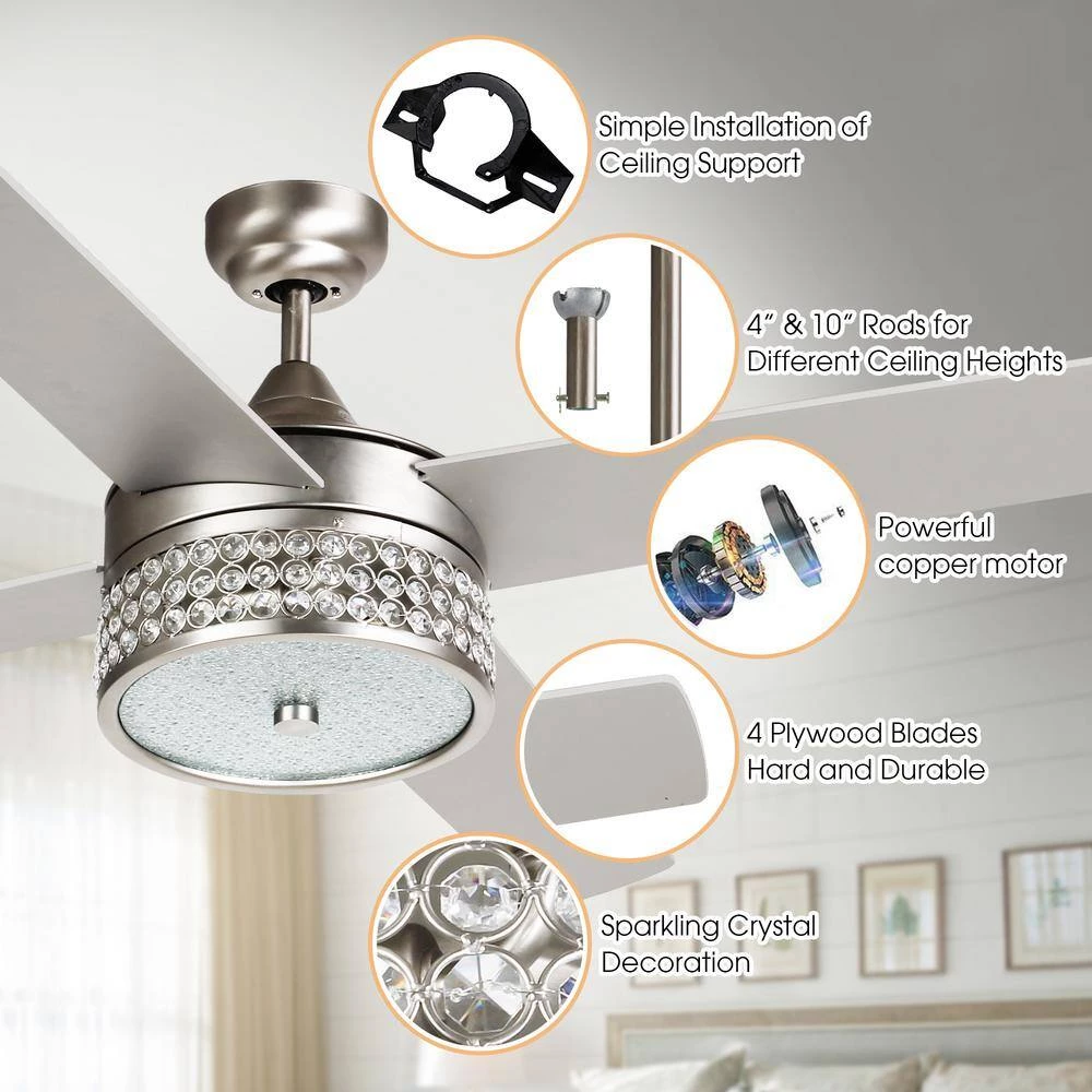 Cason 52 in. Indoor Satin Nickel Downrod Mount Crystal Chandelier Ceiling Fan with Light Kit and Remote Control by Parrot Uncle - Image 4