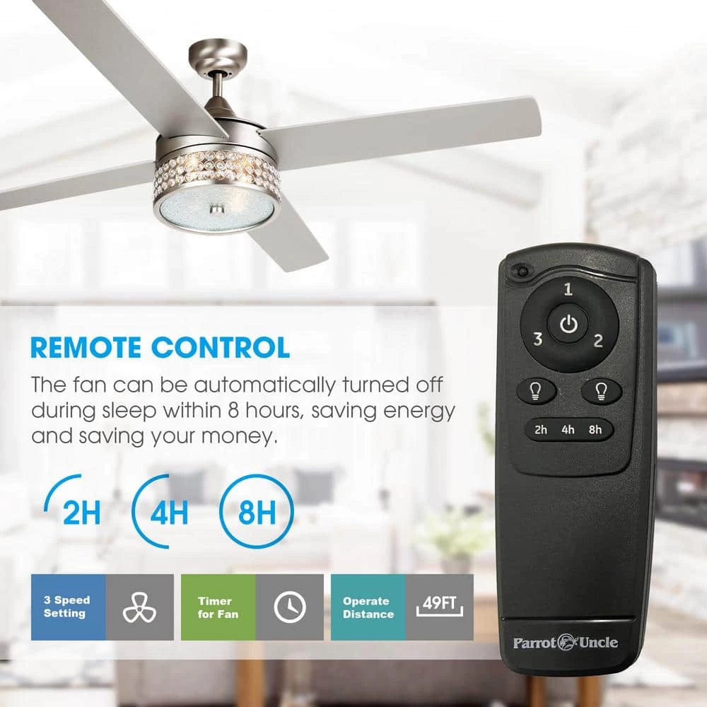 Cason 52 in. Indoor Satin Nickel Downrod Mount Crystal Chandelier Ceiling Fan with Light Kit and Remote Control by Parrot Uncle - Image 8