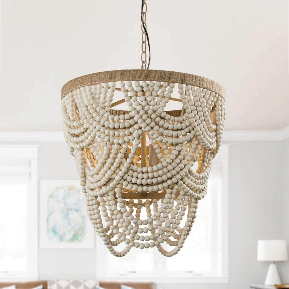 Hatfield 4-Light Bohemia Style Natural Wood Beaded Tiered Chandelier by Parrot Uncle - Image 2